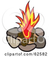 Red Flame Over Logs In A Stone Fire Pit
