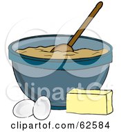 Royalty Free RF Clipart Illustration Of A Stick Of Butter With Two Eggs By A Mixing Bowl by Pams Clipart #COLLC62584-0007