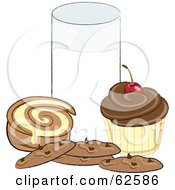 Cupcake Chocolate Chip Cookies And A Cinnamon Roll By A Glass Of Milk