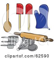Digital Collage Of Kitchen Spoons Spatulas Mits Measuring Tools And A Rolling Pin