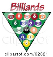 Racked Pool Balls Over Green With Red Billiards Text