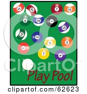 Scattered Billiards Balls On Green With Red Play Pool Text