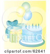 Pretty Blue Birthday Cake With Gifts And Balloons On Yellow