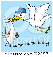 Poster, Art Print Of Flying White Stork With Welcome Home Baby Text