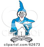 Royalty Free RF Clipart Illustration Of A Blue Jay Character School Mascot Pointing Outwards