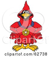Red Cardinal Character School Mascot Wearing A Medal