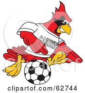 Red Cardinal Character School Mascot Kicking A Soccer Ball