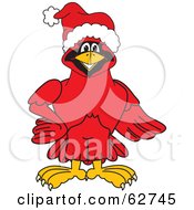 Red Cardinal Character School Mascot Wearing A Santa Hat