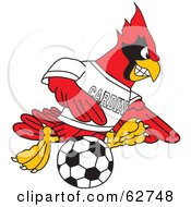 Red Cardinal Character School Mascot Playing Soccer