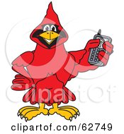 Red Cardinal Character School Mascot Holding A Cell Phone