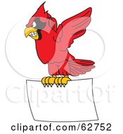 Red Cardinal Character School Mascot Flying With A Blank Sign