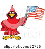Red Cardinal Character School Mascot With An American Flag