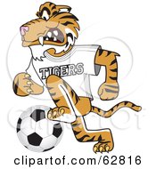 Tiger Character School Mascot Playing Soccer