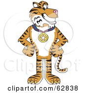 Tiger Character School Mascot Wearing A Medal