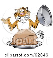 Tiger Character School Mascot Serving A Thanksgiving Turkey