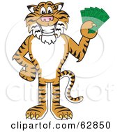 Tiger Character School Mascot Holding Cash
