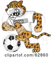 Cheetah Character School Mascot Playing Soccer