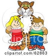 Poster, Art Print Of Cheetah Jaguar Or Leopard Character School Mascot With School Children