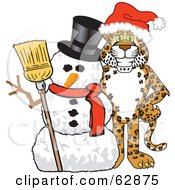 Cheetah Jaguar Or Leopard Character School Mascot With A Snowman