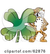 Poster, Art Print Of Cheetah Jaguar Or Leopard Character School Mascot With A Clover