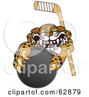 Cheetah Jaguar Or Leopard Character School Mascot Grabbing A Hockey Puck