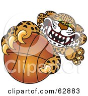Cheetah Jaguar Or Leopard Character School Mascot Grabbing A Basketball