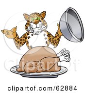 Poster, Art Print Of Cheetah Jaguar Or Leopard Character School Mascot Serving A Thanksgiving Turkey