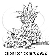 Royalty Free RF Clipart Illustration Of Black And White Sliced Pineapple Pieces Resting Against A Whole Fruit
