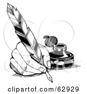 Royalty Free RF Clipart Illustration Of A Hand Writing With A Feather Quill Near A Bottle Of Ink