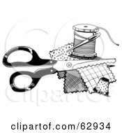 Royalty Free RF Clipart Illustration Of A Pair Of Sewing Scissors With Patches And Thread
