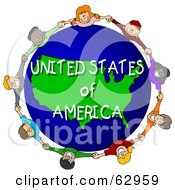 Royalty Free RF Clipart Illustration Of Children Holding Hands In A Circle Around A United States Of America Globe