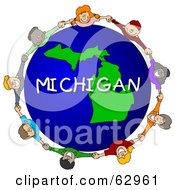 Poster, Art Print Of Children Holding Hands In A Circle Around A Michigan Globe