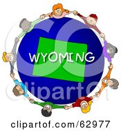 Royalty Free RF Clipart Illustration Of Children Holding Hands In A Circle Around A Wyoming Globe