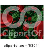 3d Background Of Floating Green Viruses Attacking Red Blood Cells