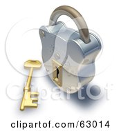 Royalty Free RF Clipart Illustration Of A 3d Golden Skeleton Key In Front Of A Shiny Padlock