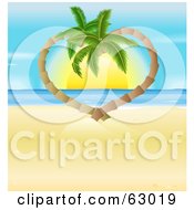 Royalty Free RF Clipart Illustration Of 3d Palm Tress Curving Into A Heart Around A Tropical Ocean Sunset by AtStockIllustration