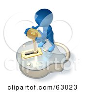 Royalty Free RF Clipart Illustration Of A 3d Blue Guy Standing On A Big Padlock And Turning A Key