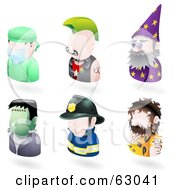Digital Collage Of Six Avatar People Surgeon Punk Wizard Frankenstein Firefighter And A Caveman