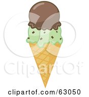 Royalty Free RF Clipart Illustration Of A Waffle Ice Cream Cone With Chocolate And Mint Chocolate Chip Scoops