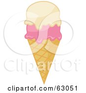 Royalty Free RF Clipart Illustration Of A Waffle Ice Cream Cone With Vanilla And Strawberry Scoops