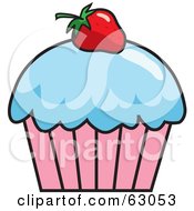 Poster, Art Print Of Strawberry Garnish On A Cupcake With Blue Frosting
