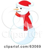 Carrot Nose Snowman Wearing A Santa Hat And Red Scarf