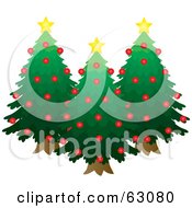 Poster, Art Print Of Three Evergreen Trees Decked Out In Red Ornaments And Yellow Stars
