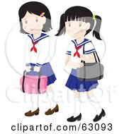 Poster, Art Print Of Two Little School Girls In Uniforms Carrying Bags