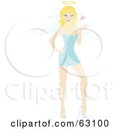 Flirty Blond Angel Woman In A Shirt Blue Dress Blowing A Heart