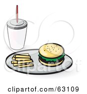 Tray With French Fries And A Hamburger Served With A Soda