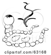 Royalty Free RF Clipart Illustration Of A Black And White Human Factor Boy Looking At A Koi Pond