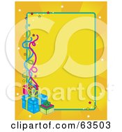 Poster, Art Print Of Blank Yellow Birthday Background With Bursts Stars Streamers And Presents