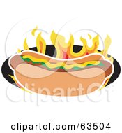 Royalty Free RF Clipart Illustration Of A Mustard And Relish Topped Hot Dog Over Flames by Maria Bell