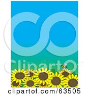 Little Bee Flying Over A Field Of Sunflowers On A Gradient Blue Background